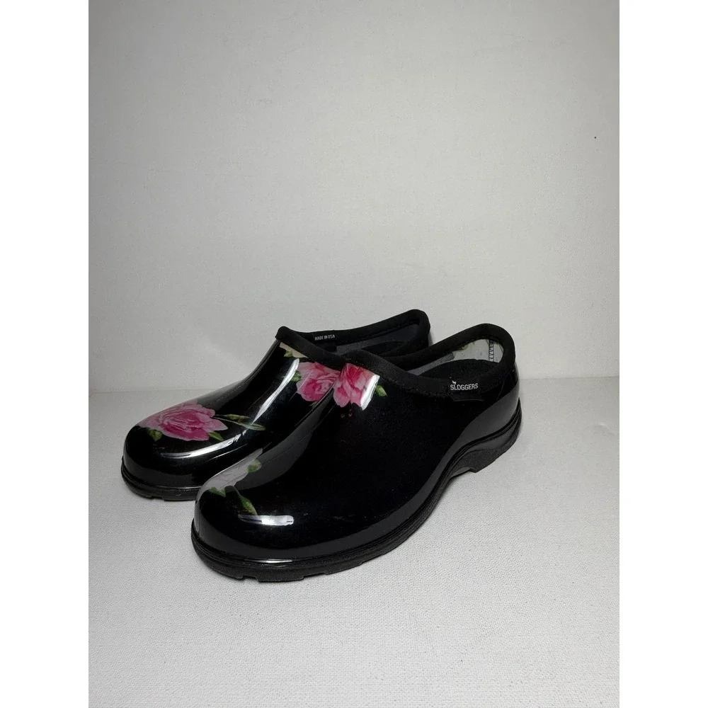 Sloggers Rain and Garden Black Clogs W Bright Pink and White Florals Sz 7 NWOT